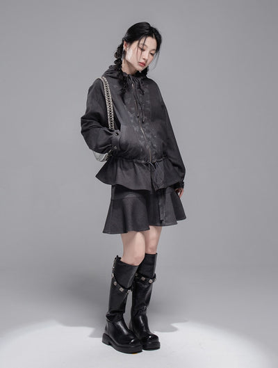 Gray Butterfly Spliced Hooded Jacket+Skirt COT0353