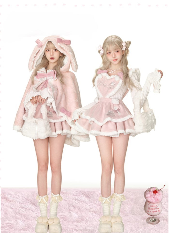 Strawberry Curly Short Strap Cake Dress/White Sweater/Rabbit Ear Cape SER0100