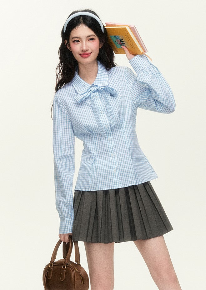 College Style Embroidered Check Tie Shirt/Gray Skirt NTO0127