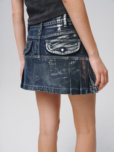 Glossy Denim Shaped Pleated Miniskirt LAP0024