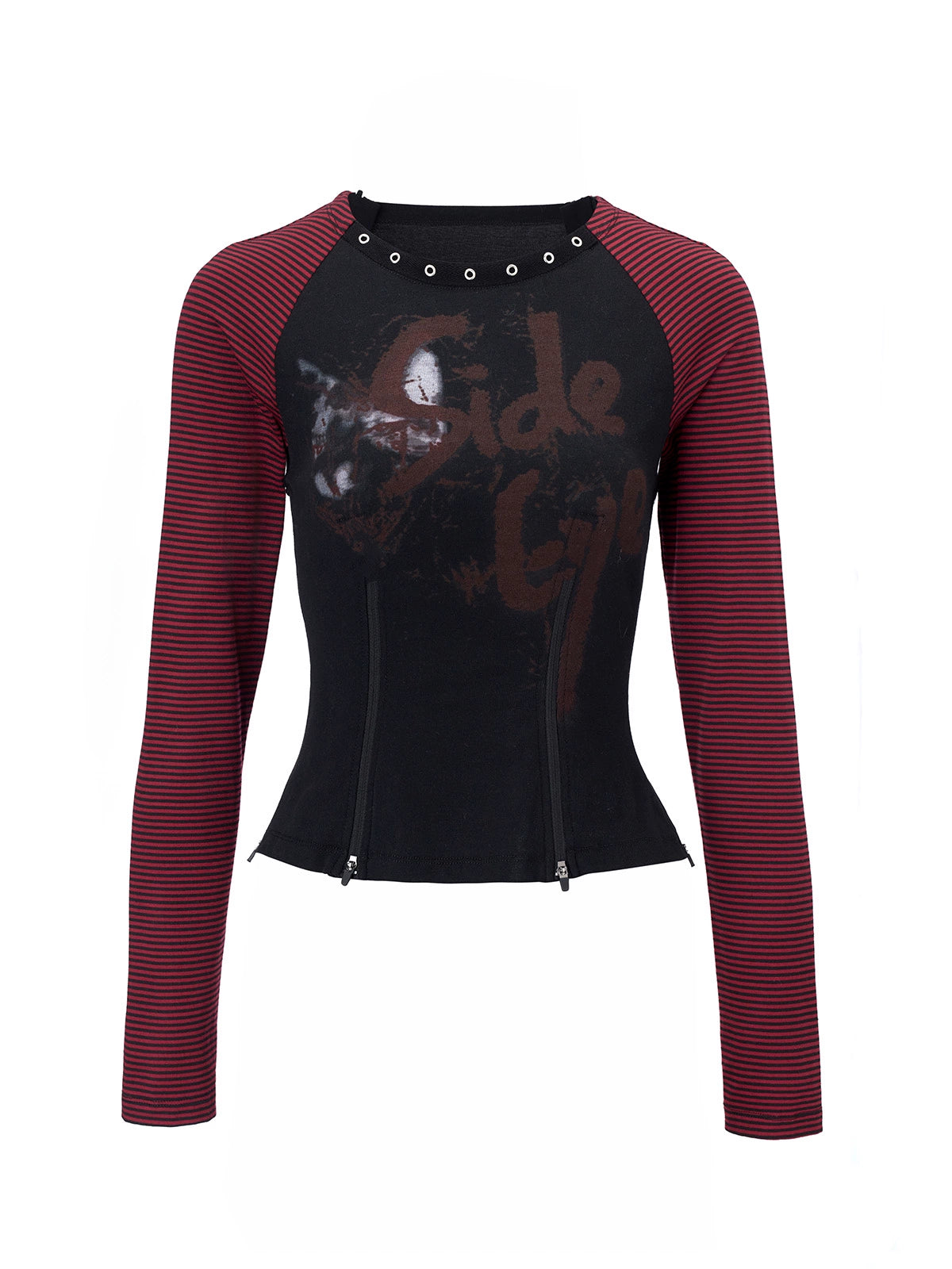 Black And Red Striped Punk Raglan Long Sleeves T-shirt EMO0040