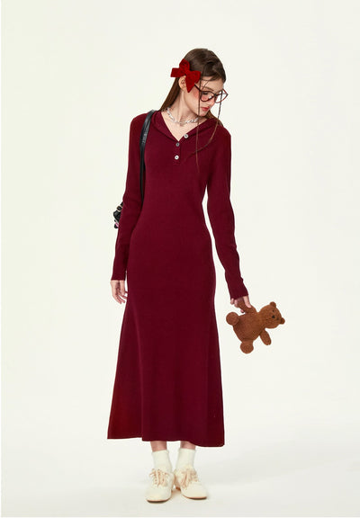 Henry Collar Waist Lazy Casual Knitted Long Dress GIF0071