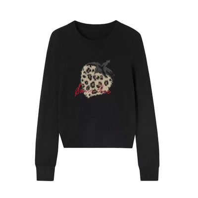 Leopard Strawberry Crew Neck Long Sleeve Sweater SOM0123