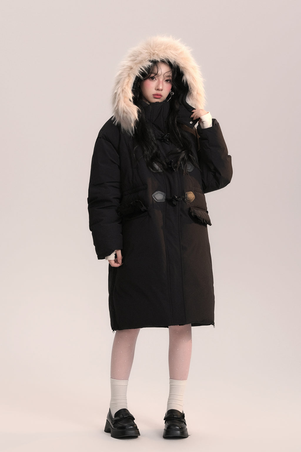 Bow-knot Fur Collar Lace Pocket Long Coat AOO0045