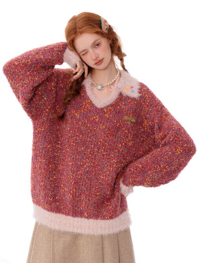 Christmas Mixed Color Wool Mix Polo V-Neck Knit Top ZIZ0203