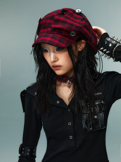 Button Red Plaid Cloud Beret FRU0087