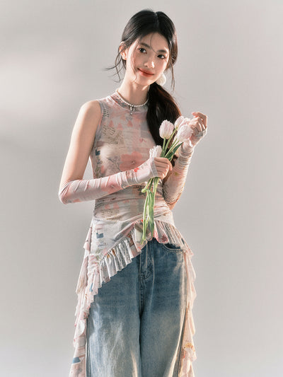 Flower Print Hem Ruffle Sleeveless Slim Fit Top YOO0029
