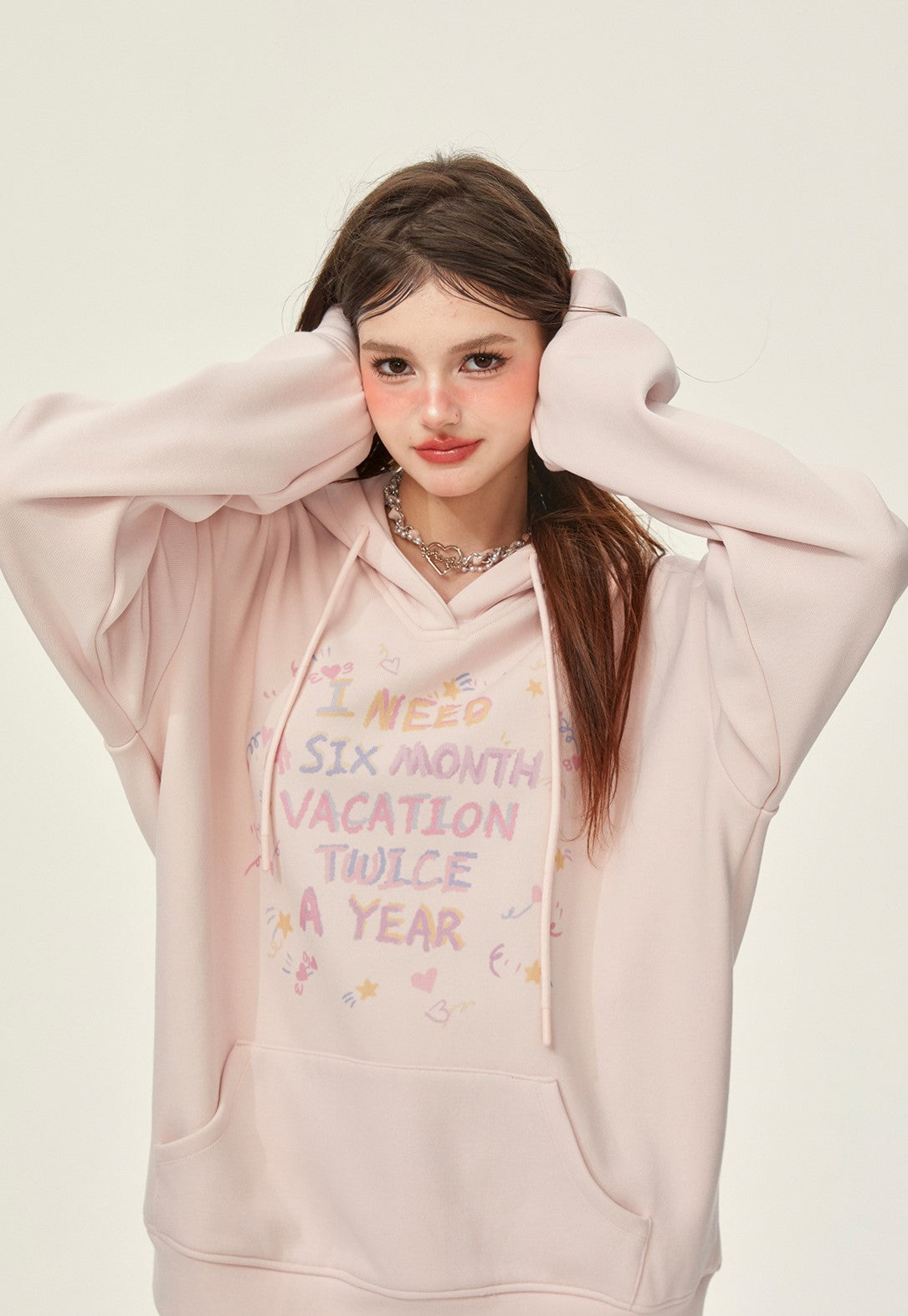 Pink Letter Loose Hooded Thickened Fleece Sweatshirt GIF0073