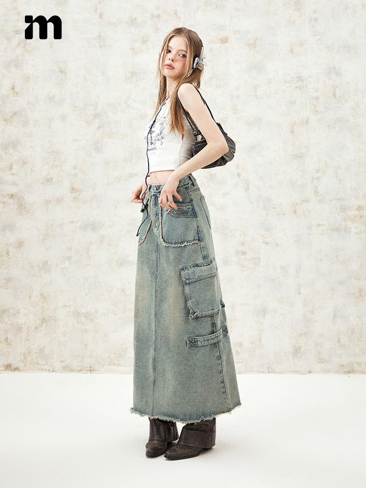 Pocket Work A-line Denim Skirt IMO0037