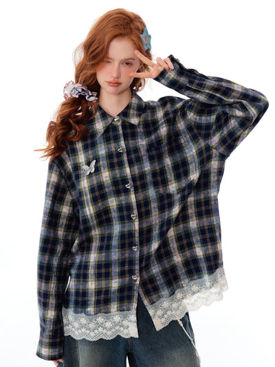 American Design Lace Splicing Plaid Loose Blue Plaid Shirt ZIZ0171