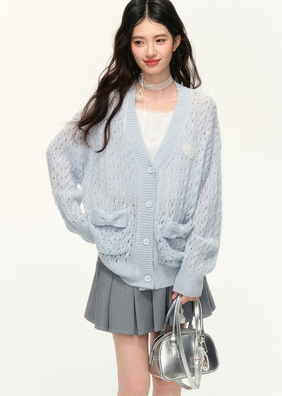 Bow Pocket Hollow Cable Knitted Sweater Cardigan NTO0134