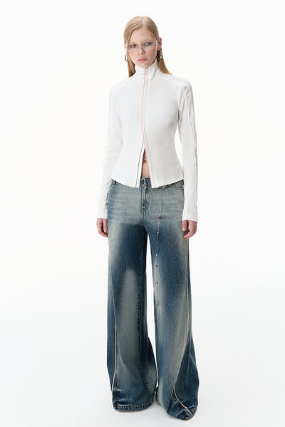 Contrast Loose Wide Leg Raw Edge Jeans BYW0022