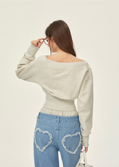 Gray Pure Cotton Waist American Retro Print Short Waist Sweatshirt GIF0072