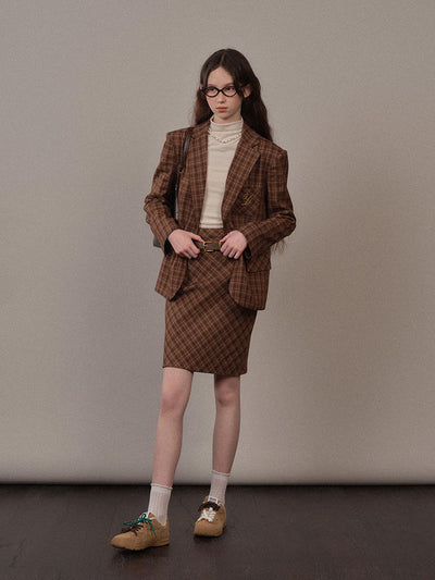 Brown checkered casual suit jacket and skirt YOO0070