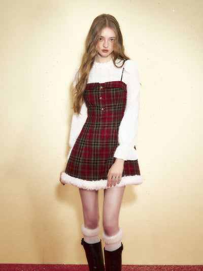 Red checkered camisole dress with fur hem REC0030