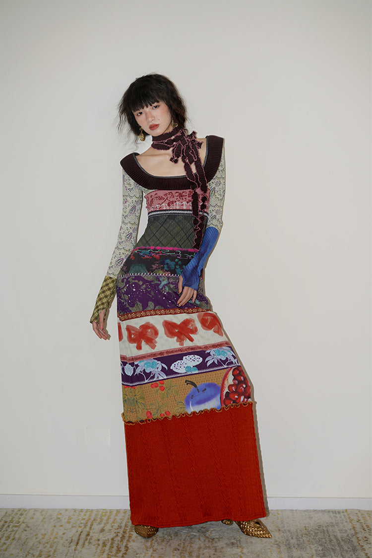 Western Design Printed Splicing Contrast Color Slim Fit Long Dress BAD0037