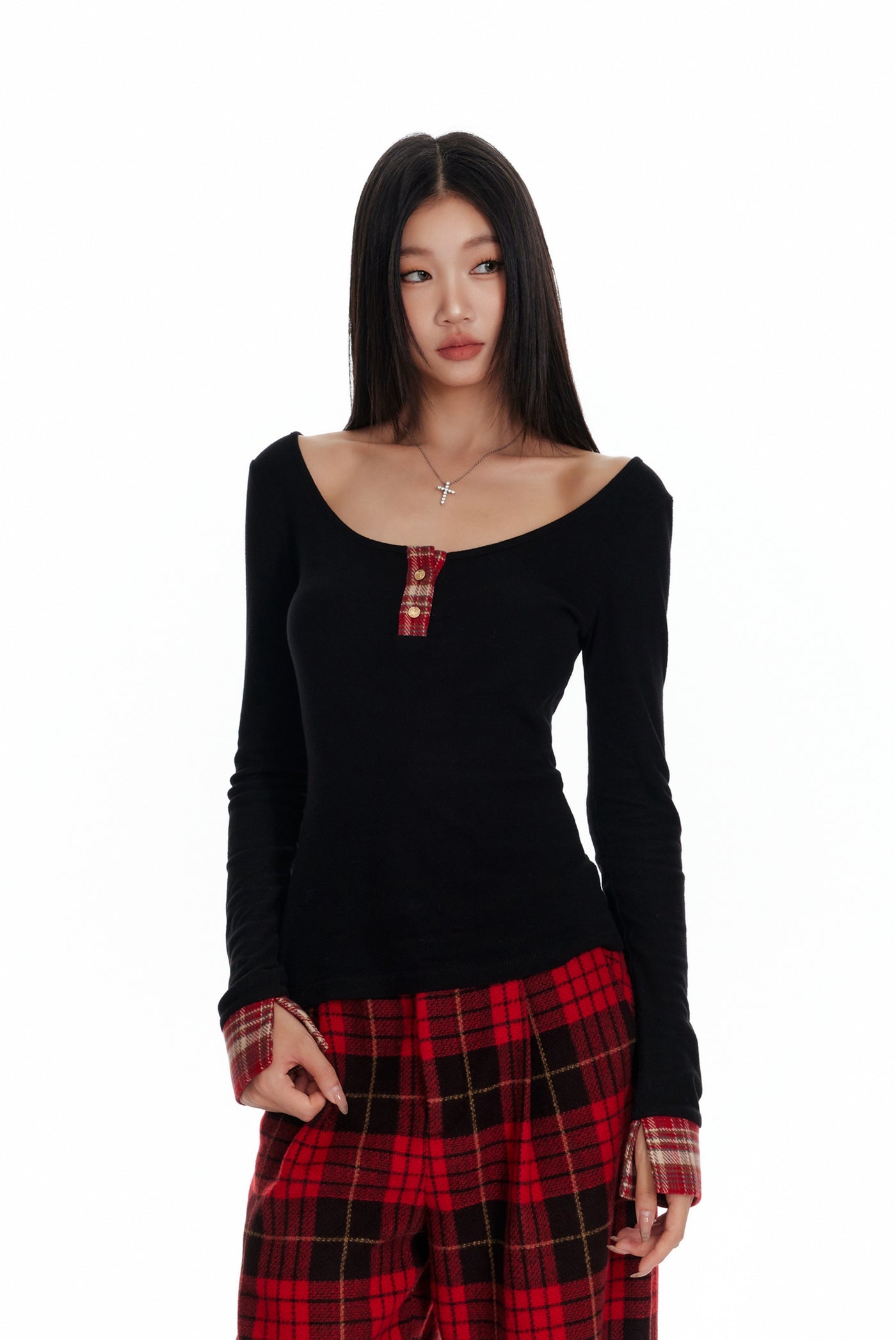 Plaid Patchwork Long-sleeved T-shirt 4MU0088