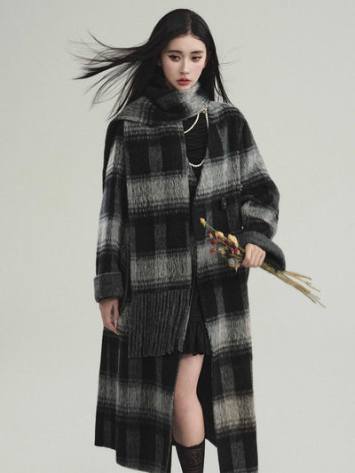 Lamb-wool blend retro plaid collarless coat and scarf FRA0213