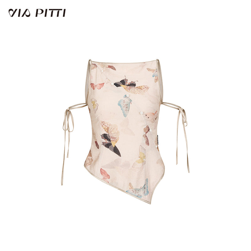 Colorful Butterfly Print Sleeveless Irregular Hem Top & Tight Mini Skirt VIA0115