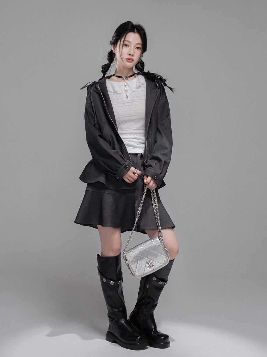 Gray Butterfly Spliced Hooded Jacket+Skirt COT0353