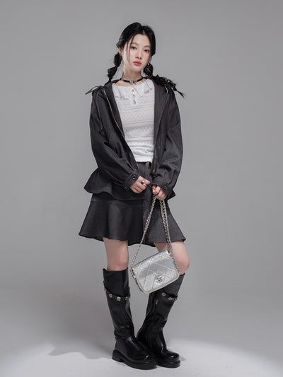 Gray Butterfly Spliced Hooded Jacket+Skirt COT0353