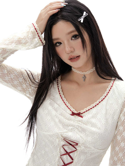 Lace Red Ribbon Bow Long-sleeved Top IMO0050