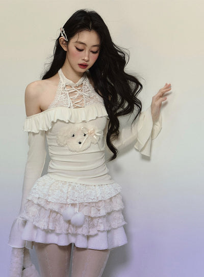 Ruffled Fake Two-piece Lace Slim Top DIA0295