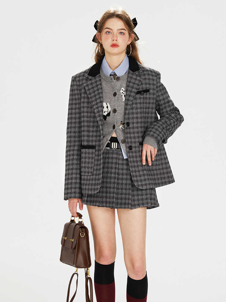 College Style Contrast Color Tartan Check Jacket & Pleated Skirt BOH0070