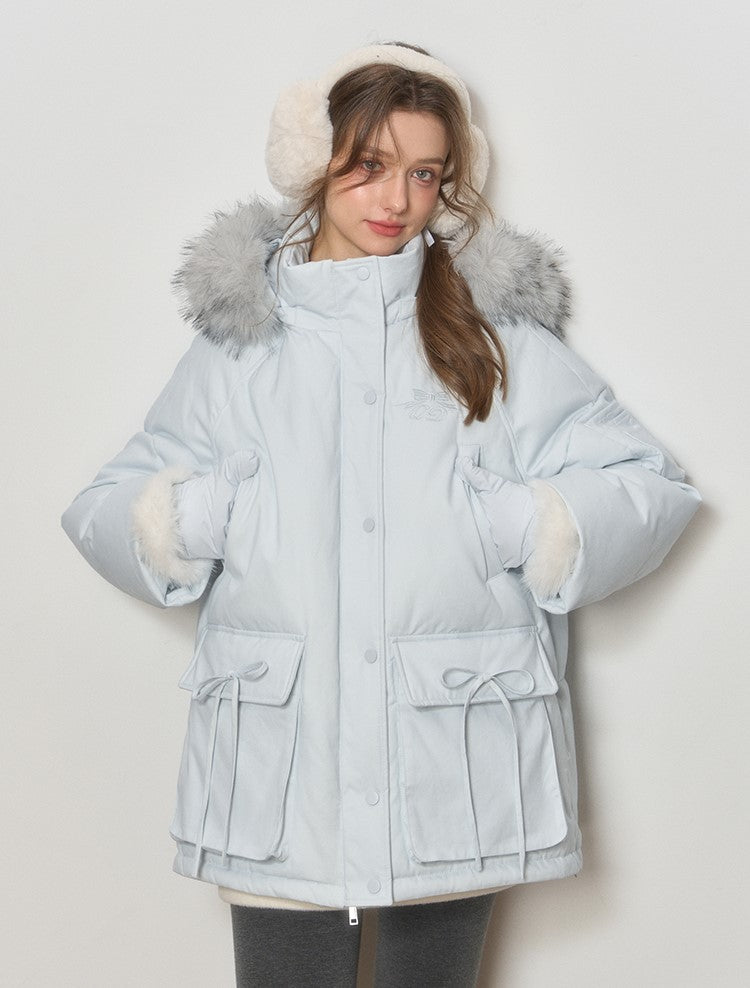 Blue Hooded Fur Collar Down Jacket QDQ0111