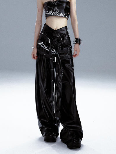 Punk Draped V-Shaped High Waist Graffiti Print Black Leather Belt Pants FRU0056