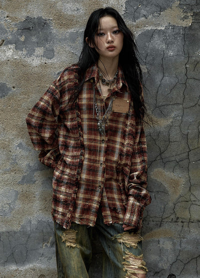 Punk Lazy Old Washed Contrast Plaid Shirt NOR0085