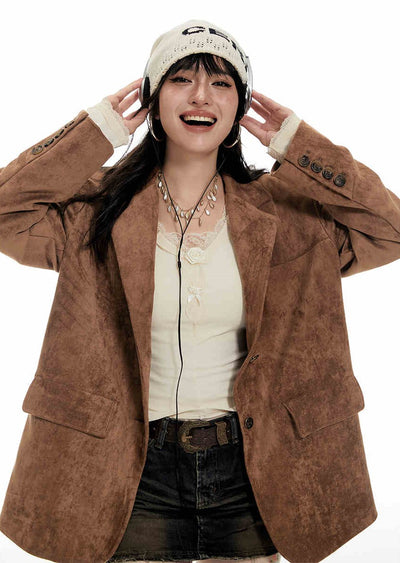 Retro Tea Brown Suede Loose Wide Suit Jacket IMO0057