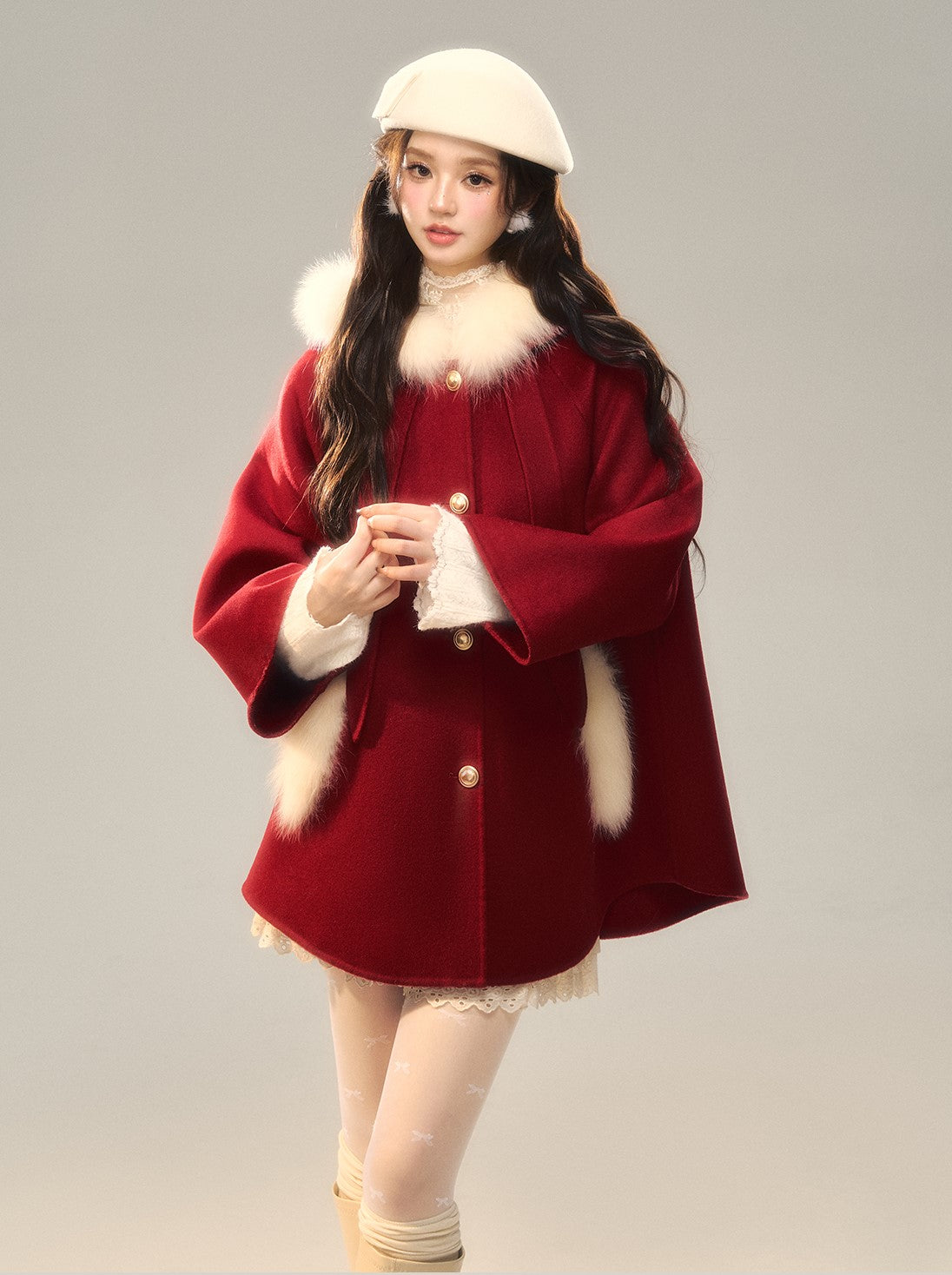 Hooded Burgundy Fur Wool Coat BBB0127