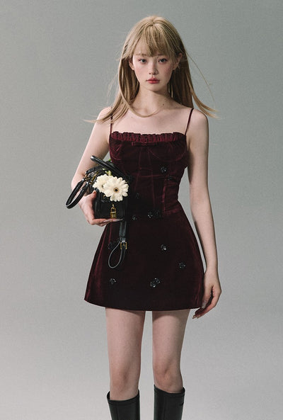 Red Beaded Velvet French Dress OAK0233