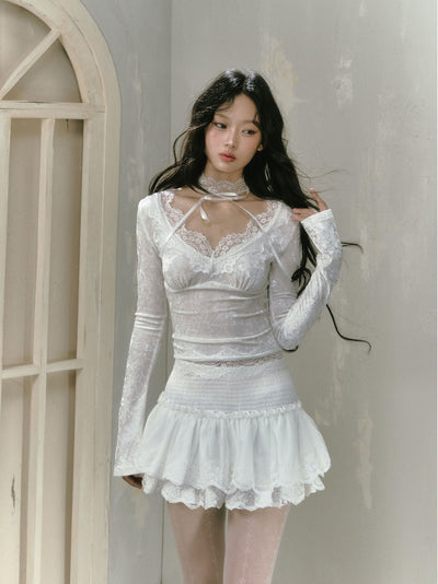 Jasmine White Lace Stitching Slim V-neck Long-sleeved Top SAL0073