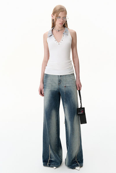 Contrast Loose Wide Leg Raw Edge Jeans BYW0022