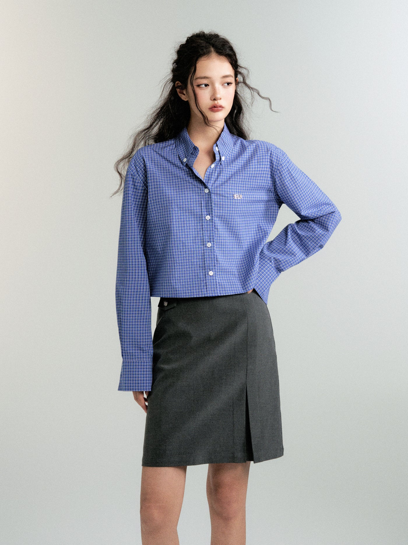 Blue plaid cropped cotton shirt LUL0094