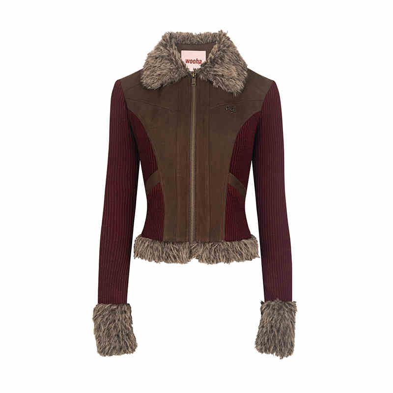 Verschillende materialen Docking Suede Slim Zip Fur Jacket WOO0127