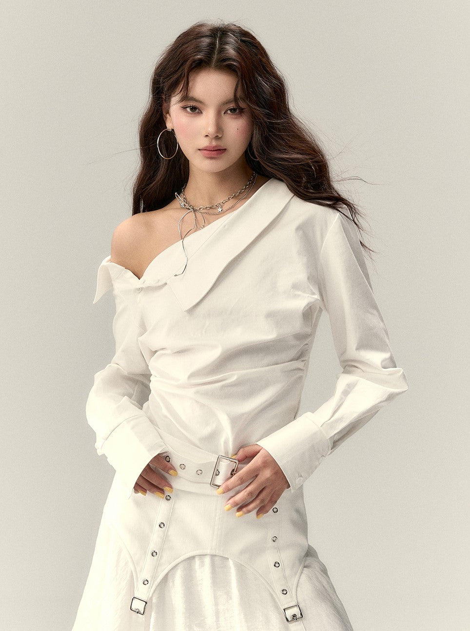 Off-shoulder Pleated Belt Short Shirt VIA0198