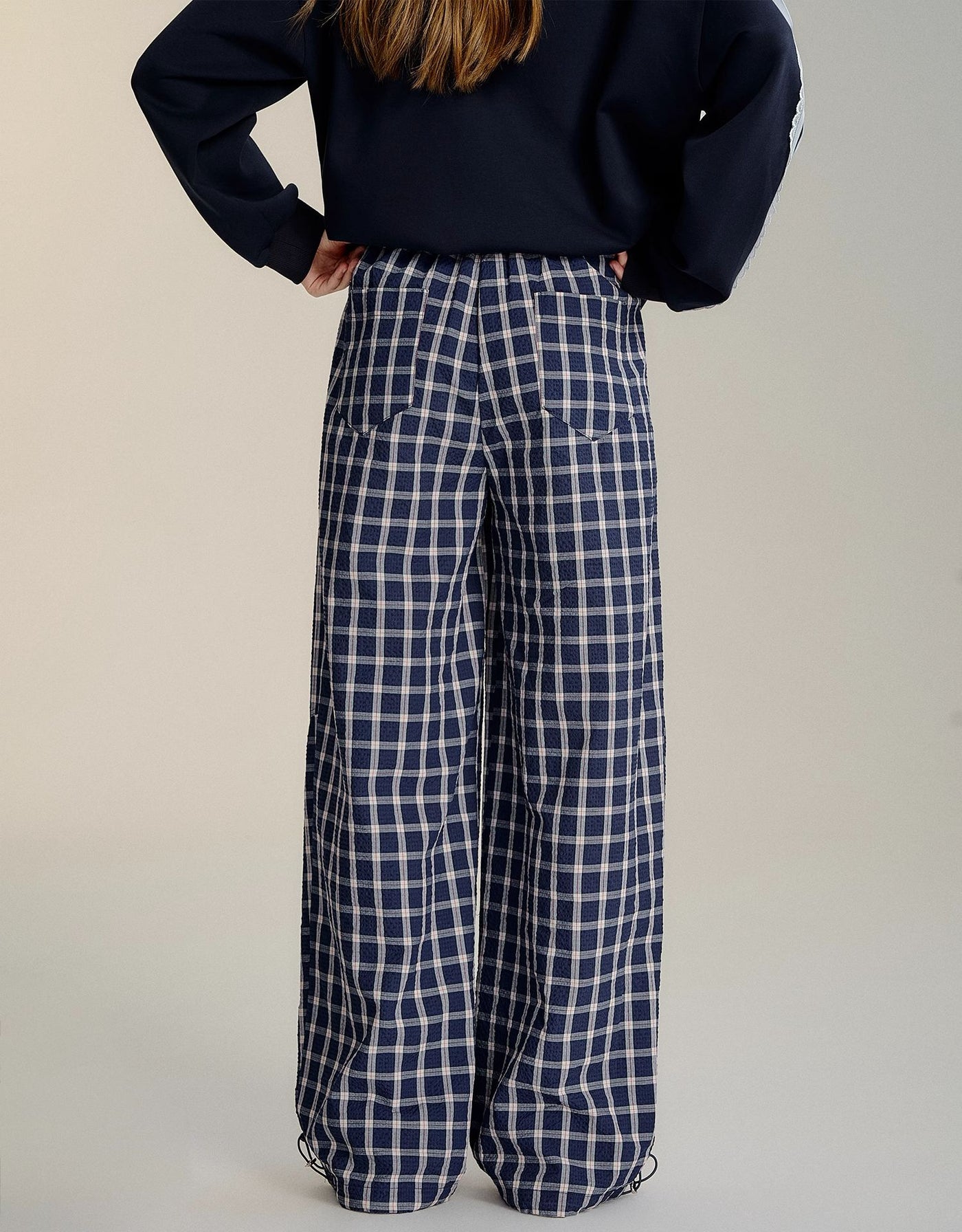 Drawstring Fine Plaid Wide-leg Pants SOM0105