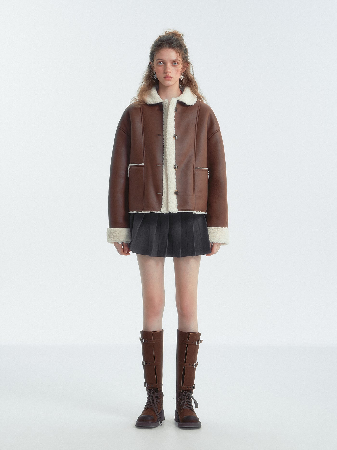 Brown Lapel Shearling Fur Short Jacket SOM0141