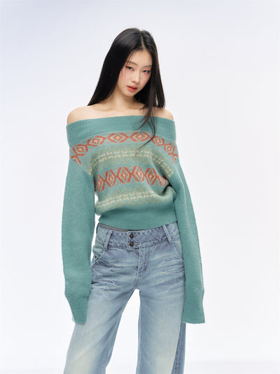 Jacquard One Shoulder Sweater CUR0196