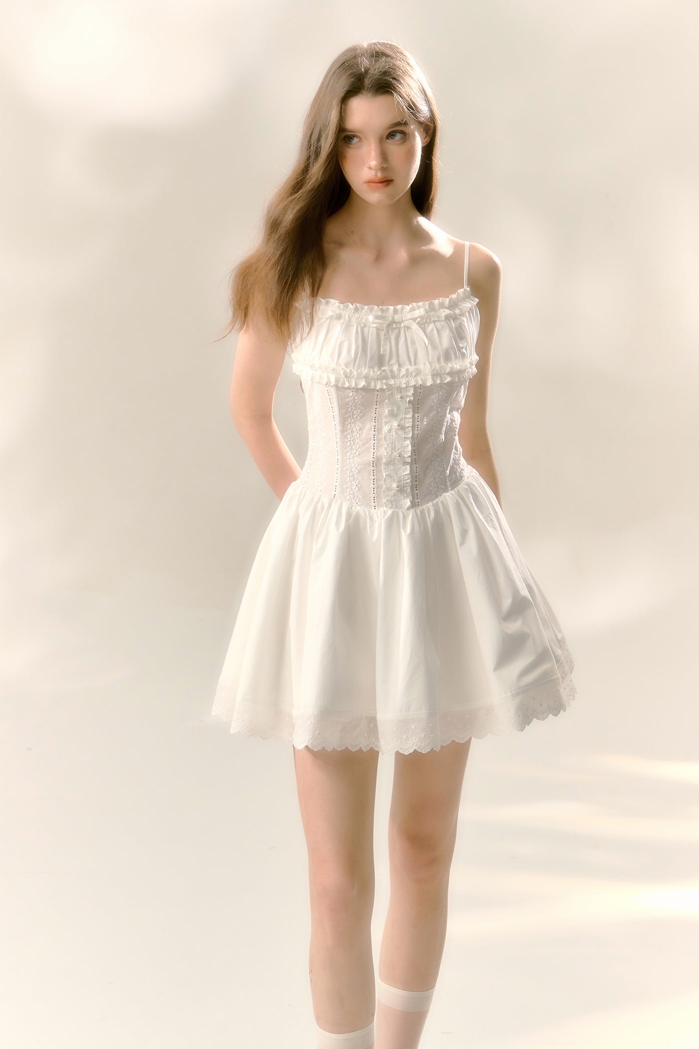 Pearl and ribbon design ruffle lace camisole girly dress & lace short rib cardigan REC0035