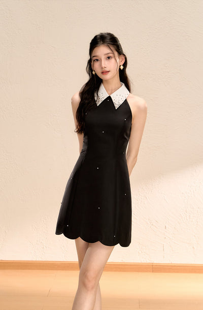 Halter Neck Waist Slimming A-line Black Dress OSH0056