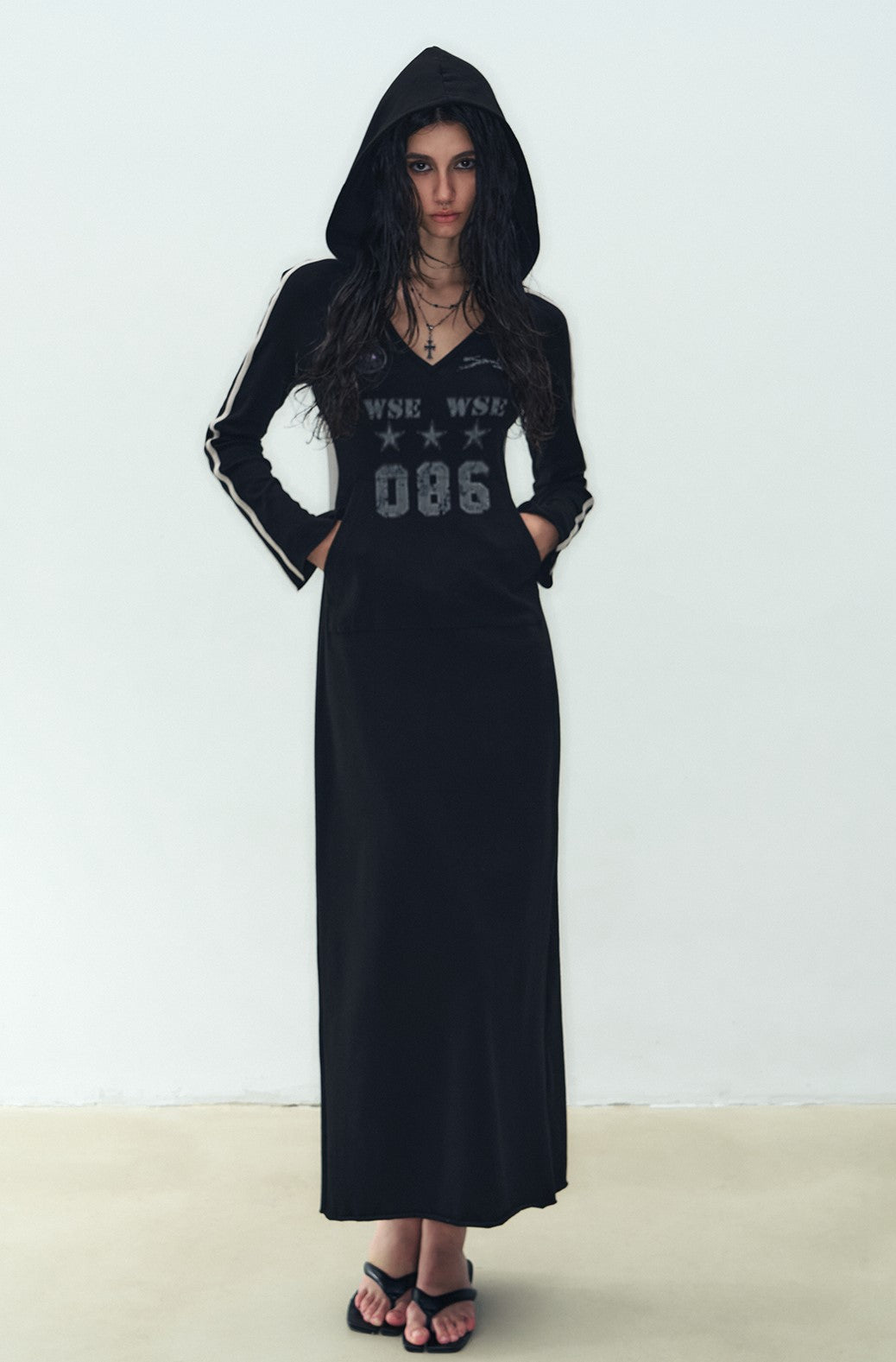 Black Slim Hooded Sweatshirt Jersey Dress WES0189