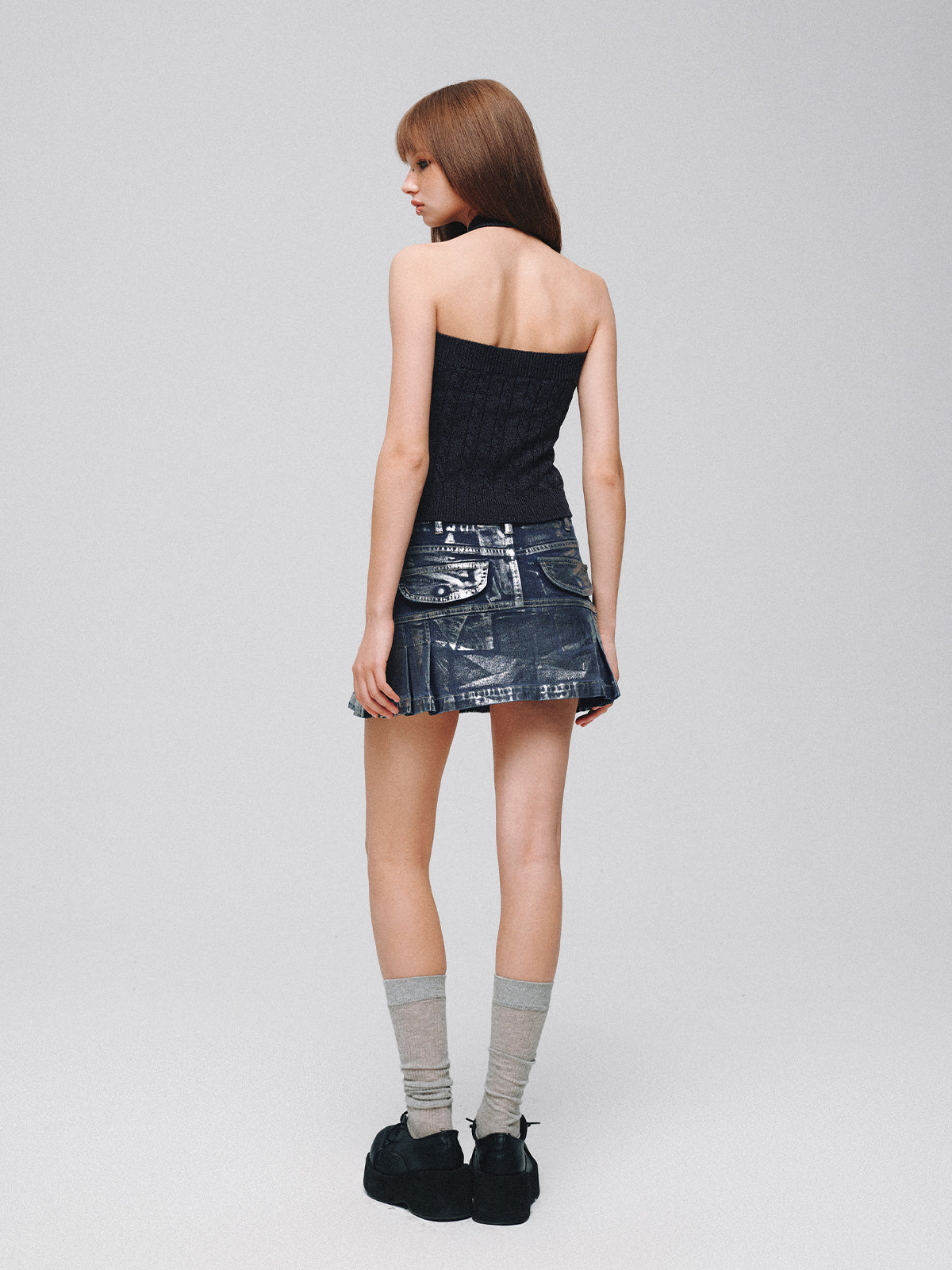 Glossy Denim Shaped Pleated Miniskirt LAP0024