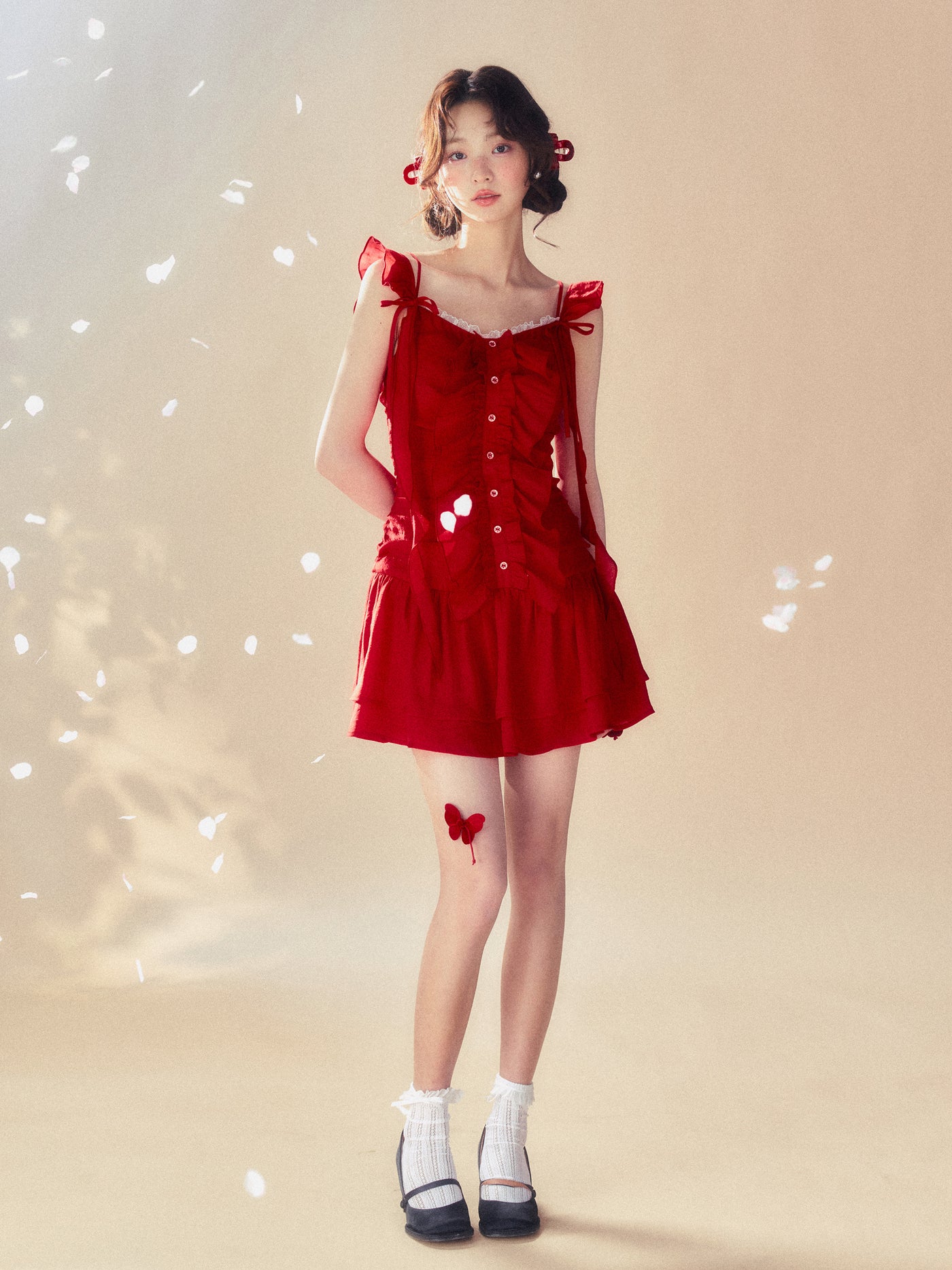 Frilled Shoulder Lace Red Girly Dress SUN0034