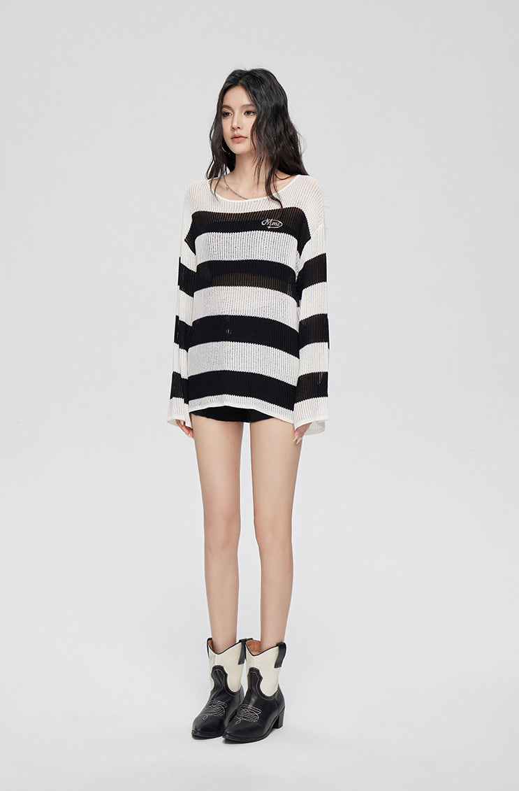 Black And White Striped Lazy Design Loose Sweater MAC0080