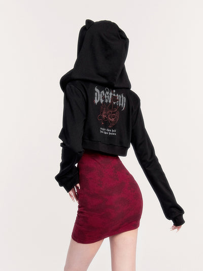 Dark Gothic Style Cherry Print Cat Ear Short Sweater Hooded Jacket VOC0249