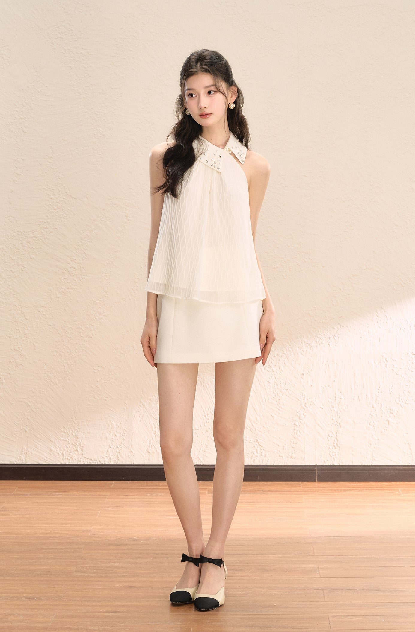 White Irregular Design Sleeveless Halter Neck Shirt OSH0053